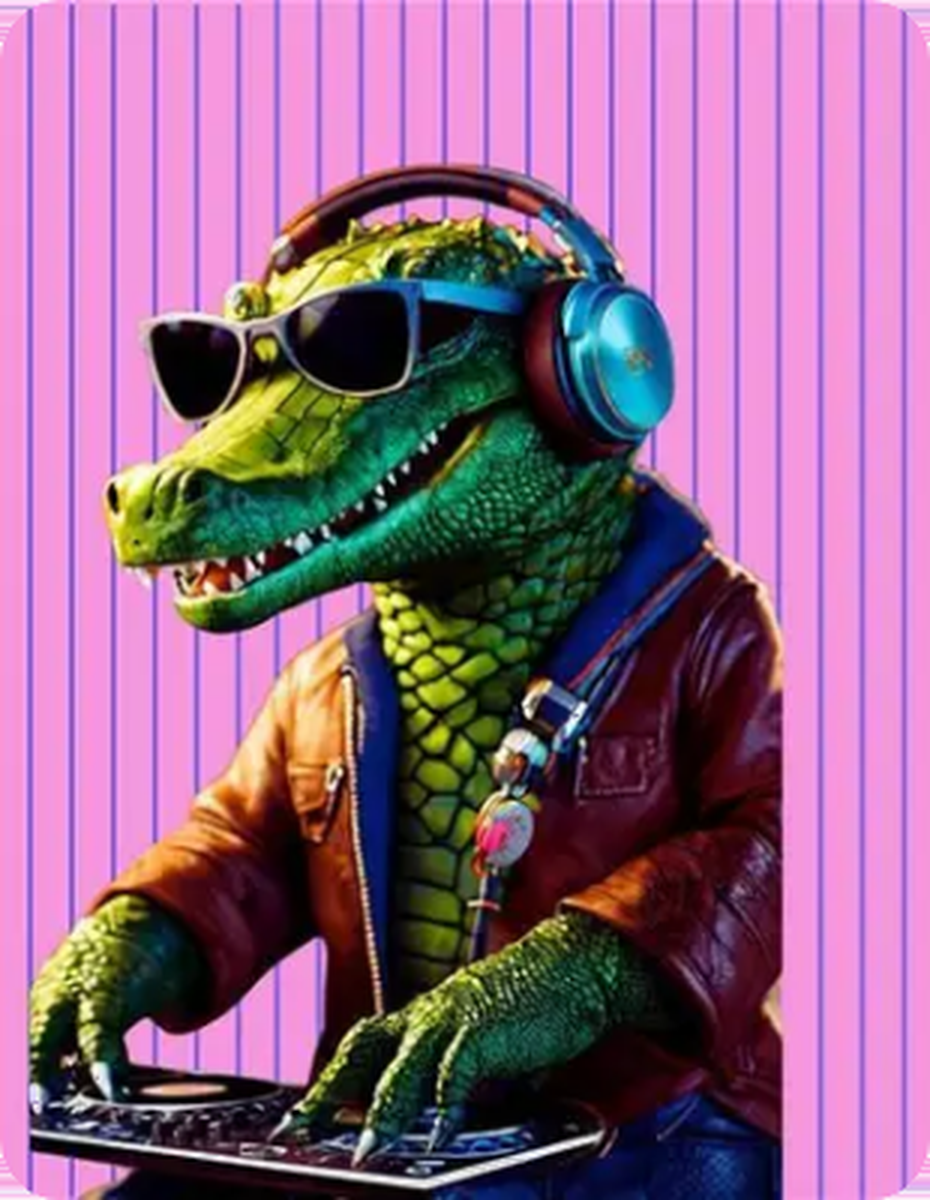 The SWFLEvents alligator mascot, wearing headphones and sunglasses behind a DJ deck